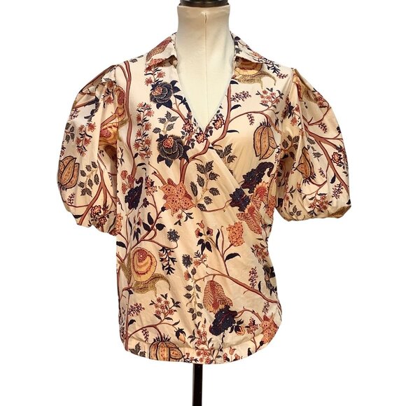 Elie Tahari Floral Puff Sleeve Blouse Womens M Ivory Multicolor Office Siren Cla - Picture 1 of 9